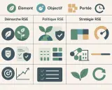 Tableau illustrant les éléments, objectifs et portée de la démarche, politique et stratégie RSE. La pérennité def est symbolisée par des icônes de croissance et de cycle.