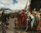 Prachtvolle Szene: Araber in Spanien im Mittelalter, prunkvolle Reiter und Fußvolk ziehen vor einer Stadt auf.