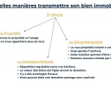 Schéma présentant 3 options pour transmettre un bien immobilier : pleine propriété, donation-partage et démembrement. Le démembrement permet de garder l'usufruit.