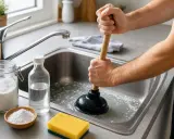 Un homme utilise une ventouse pour essayer de déboucher un évier, mais c'est impossible de déboucher les toilettes. Du bicarbonate de soude et du vinaigre sont à proximité.