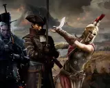 Geralt, pirat i Spartanina, bohaterowie gier podobnych do Wiedźmina 3, gotowi do walki na tle malowniczego krajobrazu.