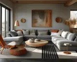 En modern lounge med en stor grå soffa, ett runt träbord och en abstrakt tavla som en statement piece.