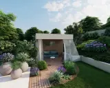 Un bel agencement jardin avec un kiosque moderne, des canapés confortables, des plantes luxuriantes et des pots décoratifs.