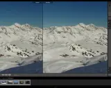 Comparación de imagen de montaña nevada, antes y después de aplicar denoise AI para mejorar la claridad.