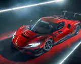 El Ferrari 296 GT3 rojo, listo para la pista, con su alerón imponente y detalles aerodinámicos.