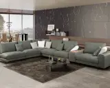 Elegante decoracion salon con sofa gris oscuro, alfombra, mesa de centro y estanterias.