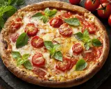 Pyszna pizza z pomidorkami i bazylią. Proste ciasto na pizzę zawsze wychodzi, a ta wygląda idealnie!
