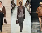 Modelli sfilano con outfit in colore testa di moro, mostrando abbinamenti eleganti con pantaloni neri, grigi e completi in pelle.