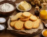 Des biscuits sablés dorés, empilés sur du papier sulfurisé, avec des ingrédients pour les meilleurs biscuits sablés : farine, beurre, sucre, œuf, vanille et jus.