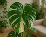 Duża, zielono-biała monstera w domowym zaciszu, przypominająca jej naturalne środowisko.