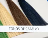 Muestras de cabello en tonos verde, rubio, castaño y azul oscuro. Una banda de papel dice "TONOS DE CABELLO", útil para saber mi subtono de piel.