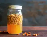 Glas mit süßem Saft und Rosinen, bereit, um Hefe selber machen zu beginnen.