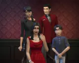 Rodzina z gry The Sims 4, w tym bella ćwir, pozuje do portretu.