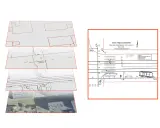 Plan zabudowy i szkic miejsca zdarzenia drogowego z zaznaczonymi śladami hamowania i wózkiem dziecięcym.