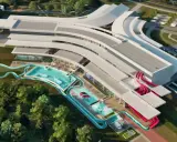 Nowoczesny aquapark Rzeszów z basenami, zjeżdżalniami i strefą relaksu, otoczony zielenią.