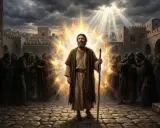 Mężczyzna w płomieniach, z laską w dłoni, otoczony ludźmi w kapturach. Światło przebija się przez chmury, jak w psalm 20.