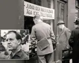 Einar Åberg, en man med ett allvarligt ansikte, i en collage med en bild av en skylt som säger "Judar och halvjudar äga icke tillträde.