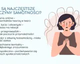 Ilustracja przedstawia smutną postać otoczoną cieniami, symbolizującymi czym jest samotność: brak bliskości, presja społeczna i trudności w relacjach.