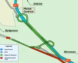 Mapa drogowa Płońska z zaznaczoną trasą DK7, objazdem do Warszawy i zamkniętym odcinkiem drogi.