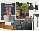 Inspiration för hur man gör en moodboard för utomhusmiljö: mörk fasad, olivträd, sten, pergola och modern belysning.
