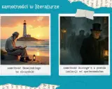 Cztery obrazy: trzej młodzi mężczyźni, starszy mężczyzna czytający książkę przy latarni, postacie w mglistym mieście, pokój z łóżeczkiem i książką.