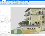 Ein 3D-Modell eines Hauses mit verschiedenen Giebel-Arten, Balkonen und Außentreppen. Der Grundriss ist links sichtbar.