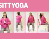Sittande yogaövningar för att slappna av. En kvinna visar olika positioner för att stretcha och stärka kroppen.