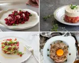 Cuatro platos de tartar: de remolacha, de atún, de aguacate y granada, y de carne con huevo.