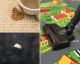 Kaffee verschüttet, Kaugummi klebt: braune Flecken auf dem Teppich und ein Staubsauger auf einem Spielteppich.