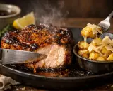 Côte de porc juteuse, parfaitement saisie, accompagnée de pommes de terre rôties et de copeaux de parmesan. La marinade a créé une croûte dorée irrésistible.