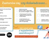 Zastanów się, czy doświadczasz wypalenia zawodowego. Grafika przedstawia objawy i pytania pomocne w diagnozie, jak sobie radzić z tym problemem.