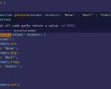 Kod TypeScript z instrukcją `switch case` dla enum `Animals`. Funkcja `getSound` zwraca dźwięk zwierzęcia.