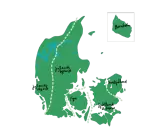 Karta över Danmark med regioner som Jyllands östkust, Fyn och Själland. En inramad Bornholm syns också. Utforska danmark natur!