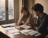 Un couple étudie ensemble, le garçon explique la conjugaison à la fille. Ils contribuent mutuellement à leur apprentissage.