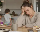 Donna esausta con la mano sulla fronte, circondata da giocattoli e bambini. Un'immagine che cattura il **burnout genitoriale**.