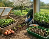 Jardiner en mars : semis de tomates sous châssis, plantation d'oignons et repiquage de jeunes plants. Le printemps s'annonce au jardin.