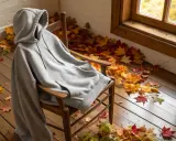 Szara bluza z kapturem na drewnianym krześle, otoczona jesiennymi liśćmi. Idealna jako jaka bluza do szarych dresów na chłodne dni.