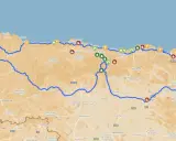 Karte zeigt eine Route durch Nordspanien, ideal für einen Urlaub mit vielen Sehenswürdigkeiten und Etappen.