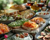 En härlig brunch med rökt lax, avokado, färskost och fikon på rustikt bröd. Perfekt för ett somrigt brunch recept.