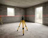 Laser krzyżowy na statywie wyznacza idealny poziom zero nad gruntem w surowym wnętrzu.