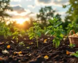 Jeunes pousses vertes dans la terre, prêtes à grandir. Un panier de pommes de terre attend d'être planté.