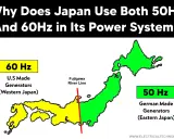 Japan hat ein zweigeteiltes Stromnetz: 60 Hz im Westen (US-Generatoren) und 50 Hz im Osten (deutsche Generatoren), getrennt durch die Fujigawa-Linie.