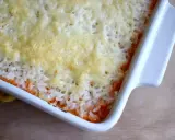 Ein Auflauf mit Reis und Tomatensauce, überbacken mit geschmolzenem Käse. Ein köstliches Gericht, das Lust auf mehr macht.