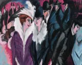 Menschen in eleganter Kleidung, ein typisches Motiv des Expressionismus, Kunst, Zeitraum. Lebendige Farben und dynamische Pinselstriche.