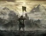 Rycerz z chorągwią na tle mglistych gór i zamku. Wskazówki do gry Dark Souls.