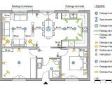 Plan d'une maison en L avec différents types d'éclairage : d'ambiance, de travail, d'appoint.