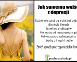 Kobieta w słomkowym kapeluszu na tle słoneczników. Tekst podpowiada, jak samemu wyjść z depresji: zacznij od drobiazgów, rób wszystko z wdzięcznością i troską.
