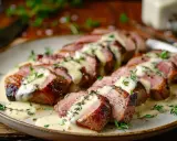 Délicieuses aiguillettes de canard poêlées, nappées d'une sauce crémeuse et garnies de thym frais. Un plat savoureux prêt à être dégusté.