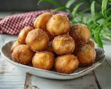 Montón de buñuelos de viento dorados y espolvoreados con azúcar, servidos en un plato blanco sobre una mesa de madera.
