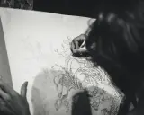 En konstnärs hand ritar med kol en detaljerad bild av växter och en insekt på ett stort papper.